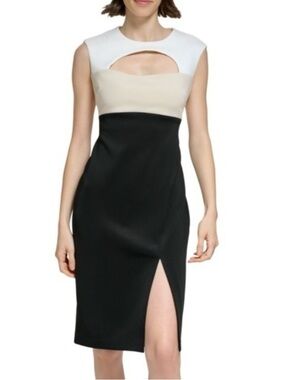 NWT, size 6. Calvin Klein Sleeveless Colorblock Midi in White, Cream & Black